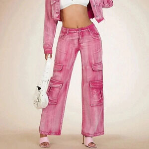 Pink Casual Womens Flap Pocket Cargo Jeans